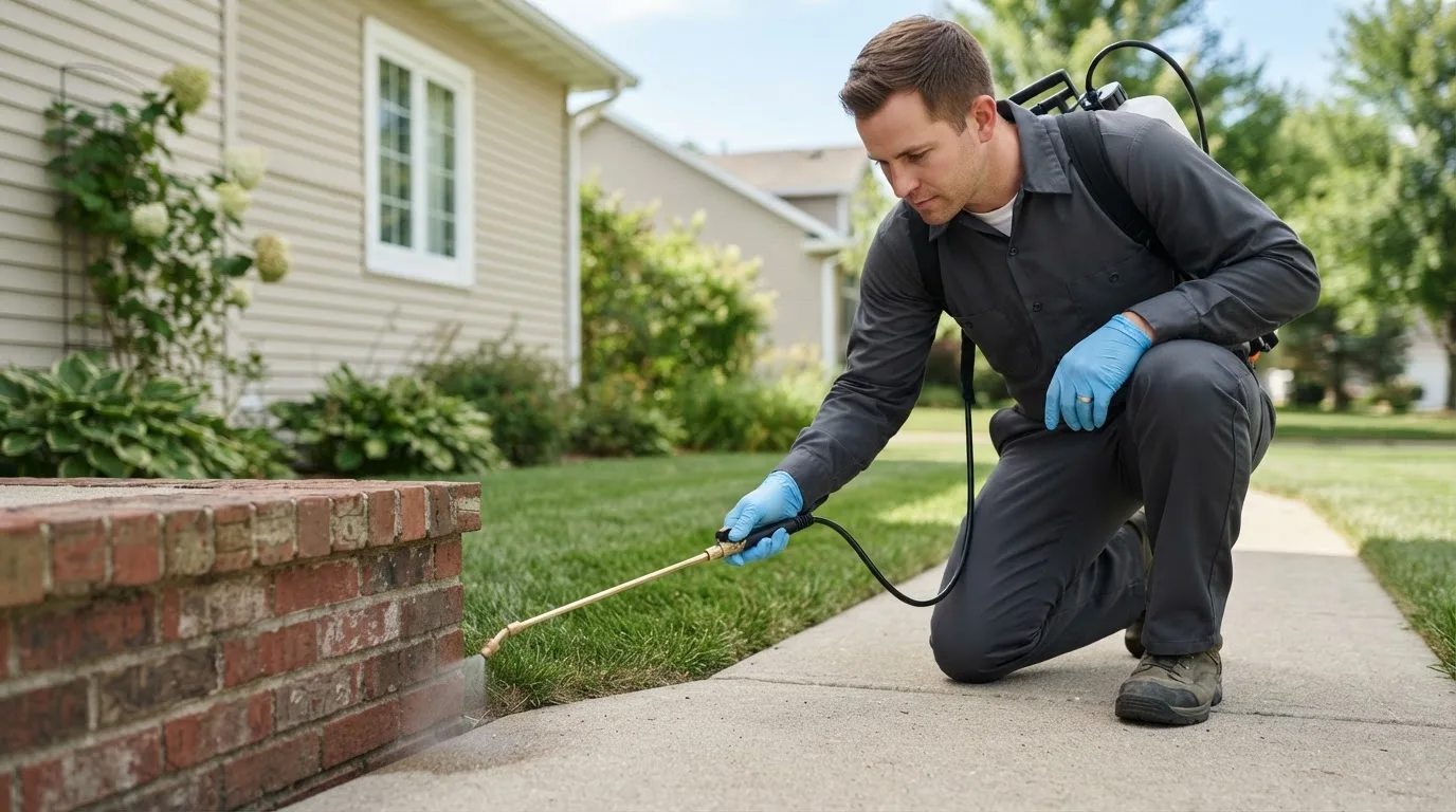 Pest control technician treating a home near Hyrum, UT